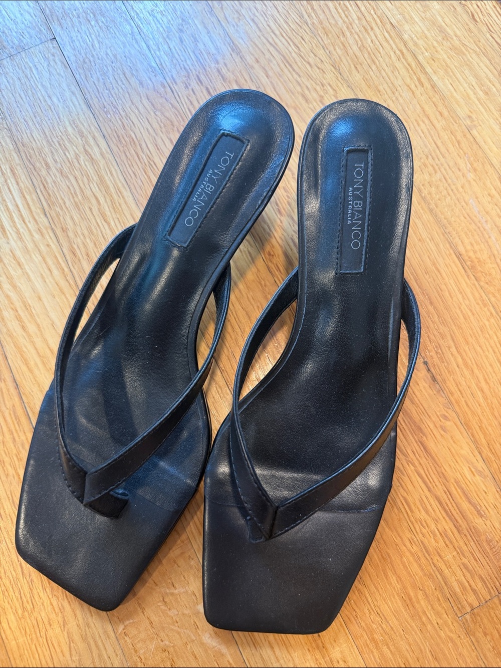 Tony Bianco Black Square-Toe Leather Thong Mules